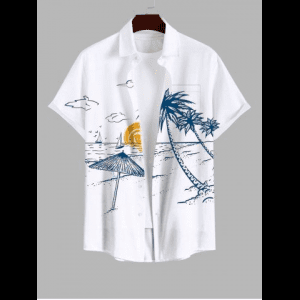 Rosegal, Plus Size Coconut Tree Sea Cloud Sun Parasols Print Hawaii Button Pocket Shirt For Men