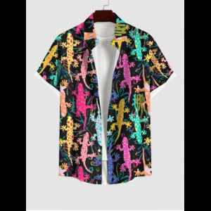 Rosegal, Plus Size Colorful Gecko Spotted Print Hawaii Ombre Button Pocket Shirt For Men