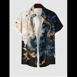 Rosegal, Plus Size Colorblock Metallic Floral Pearl 3D Print Buttons Pocket Hawaii Shirt For Men