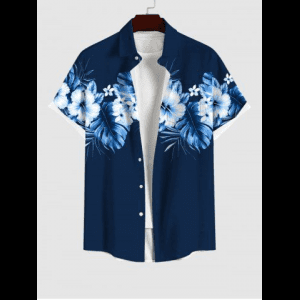 Rosegal, Plus Size Tropical Leaf Hibiscus Flowers Print Buttons Pocket Hawaii Shirt For Men