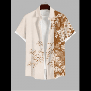 Rosegal, Plus Size Peach Blossom Flower Branch Colorblock Print Buttons Pocket Hawaii Shirt For Men