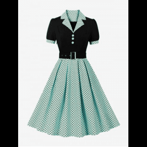 Rosegal, Polka Dot Print Turn-down Collar Buttons Buckle Belt Vintage Dress