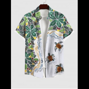 Rosegal, Plus Size Coconut Leaves Turtle Sea Waves Print Hawaii Sea Creatures Button Pocket Shirt For Men