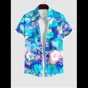 Rosegal, Plus Size Tie Dye Tropical Leaf Hibiscus Flowers Print Buttons Pocket Hawaii Shirt For Men