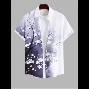 Rosegal, Plus Size Peach Blossom Flower Branch Ombre Colorblock Print Buttons Pocket Hawaii Shirt For Men