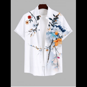 Rosegal, Plus Size Colorful Watercolor Floral Leaf Branch Print Hawaii Button Pocket Shirt For Men