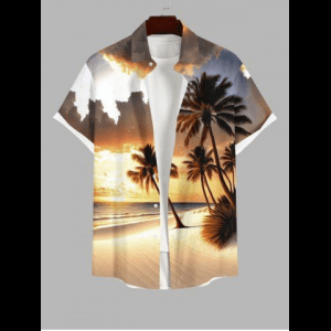Rosegal, Plus Size Glitter Coconut Tree Sea Beach Dusk Print Hawaii Button Pocket Shirt For Men
