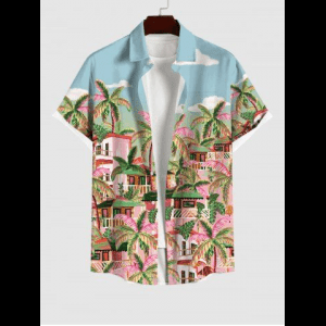 Rosegal, Plus Size Coconut Tree House Sky Cloud Print Hawaii Button Pocket Shirt For Men
