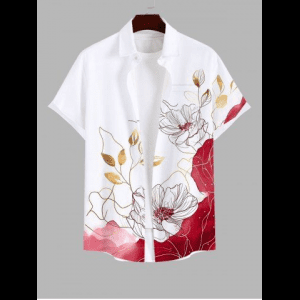 Rosegal, Plus Size Line Floral Leaf Watercolor Colorblock Print Hawaii Button Pocket Shirt For Men