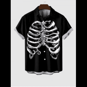 Rosegal, Plus Size Octopus Skeleton Print Halloween Button Pocket Shirt For Men