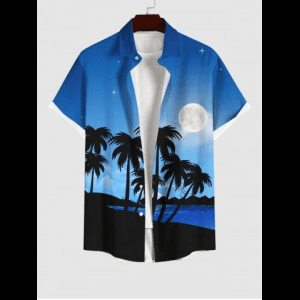 Rosegal, Plus Size Coconut Tree Sea Beach Ombre Galaxy Moon Print Hawaii Button Pocket Shirt For Men
