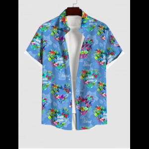 Rosegal, Plus Size Flower Heart Letters Print Ombre Hawaii Button Pocket Shirt For Men