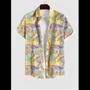 Rosegal, Hawaii Plus Size Shell Conch Starfish Colorblock Print Buttons Pocket Shirt For Men