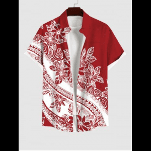 Rosegal, Plus Size Flower River Striped Print Hawaii Button Pocket Shirt For Men