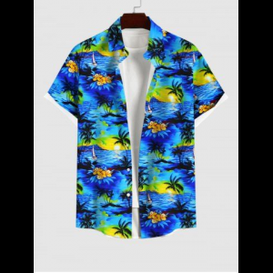 Rosegal, Hawaii Men's Coconut Tree Sea Sun Floral Print Button Pocket Shirt