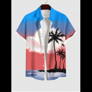 Rosegal, Plus Size Coconut Tree Sea Moon Cloud Print Hawaii Ombre Button Pocket Shirt For Men