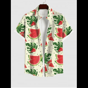 Rosegal, Plus Size Watermelon Tropical Palm Leaf Print Buttons Pocket Hawaii Shirt For Men
