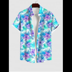 Rosegal, Plus Size Flowers Palm Leaf Print Buttons Pocket Hawaii Shirt For Men
