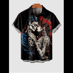 Rosegal, Plus Size Skeleton Lovers Rose Flower Print Button Pocket Shirt For Men