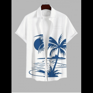 Rosegal, Plus Size Coconut Tree Sun Mountain Colorblock Print Buttons Pocket Hawaii Shirt For Men