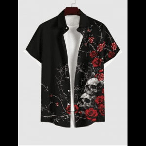 Rosegal, Plus Size Halloween Rose Flower Skulls Print Buttons Pocket Shirt For Men
