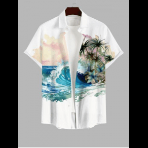 Rosegal, Plus Size Sea Waves Coconut Tree Floral Ombre Sky Print Hawaii Button Pocket Shirt For Men