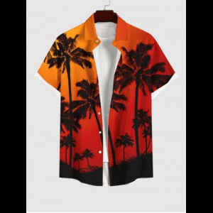 Rosegal, Plus Size Coconut Tree Ombre Sky Print Hawaii Button Pocket Shirt For Men
