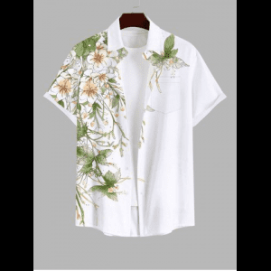 Rosegal, Plus Size Floral Leaves Branch Print Hawaii Button Pocket Shirt For Men
