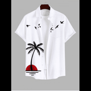 Rosegal, Plus Size Sun Coconut Tree Bird Sea Print Buttons Pocket Hawaii Shirt For Men