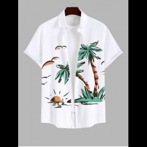 Rosegal, Plus Size Hand Painting Coconut Tree Sun Swallow Print Hawaii Button Pocket Shirt For Men