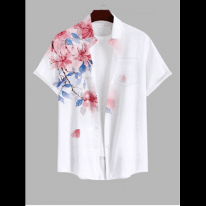 Rosegal, Plus Size Ombre Floral Leaves Print Hawaii Button Pocket Shirt For Men