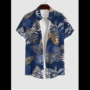 Rosegal, Plus Size Tropical Leaf Hibiscus Flower Metallic Print Buttons Pocket Hawaii Shirt For Men