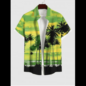 Rosegal, Plus Size Coconut Tree Bird Ombre Colorblock Sky Watercolor Print Buttons Pocket Hawaii Shirt For Men