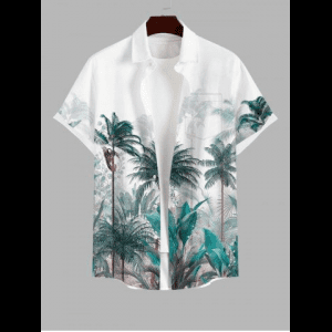 Rosegal, Plus Size Distressed Coconut Tree Tropical Leaves Print Hawaii Button Pocket Shirt For Men