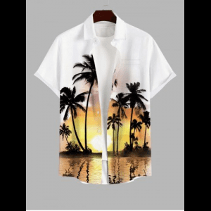 Rosegal, Plus Size Coconut Tree Sea Ombre Dusk Print Hawaii Button Pocket Shirt For Men