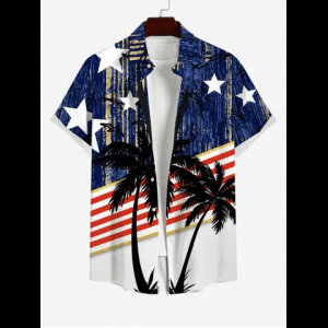 Rosegal, Plus Size Patriotic American Flag Coconut Tree Star Print Buttons Pocket Hawaii Shirt For Men