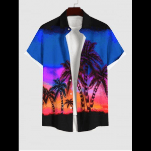 Rosegal, Plus Size Coconut Tree Colorful Ombre Sky Galaxy Print Hawaii Button Pocket Shirt For Men