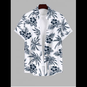 Rosegal, Plus Size Tropical Leaves Floral Coconut Tree Print Hawaii Button Pocket Shirt For Men