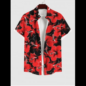 Rosegal, Plus Size Hibiscus Flowers Print Buttons Pocket Hawaii Shirt For Men
