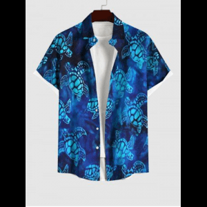 Rosegal, Men's Glitter Ombre Sea Turtle Print Hawaii Sea Creatures Button Pocket Shirt
