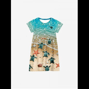 Rosegal, Kid's Sea Creatures Turtle Starfish Shell Beach Print Hawaii Peter Pan Collar Dress