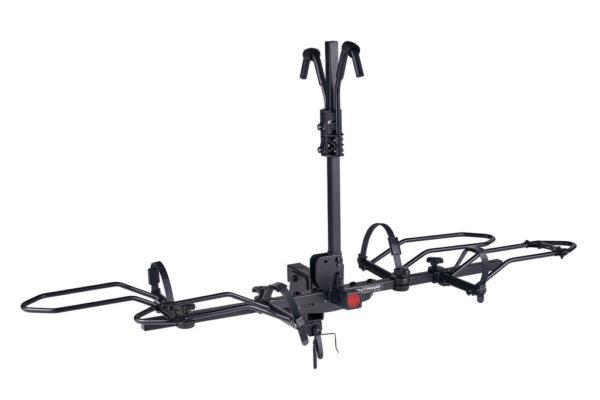 Bring your ebikes along for the ride! Specifically designed for electric bikes, this hitch rack can secure any two of our models along the back of your vehicle. It folds up when not in use, tilts down for easy cargo access, and includes a keyed alike locking hitch pin, security cable and locking frame hooks.